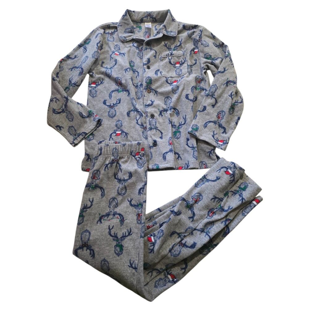 GapKids Christmas Pajamas SZ 10 Button Up 2pc Set Deer Christmas Light Santa Hat